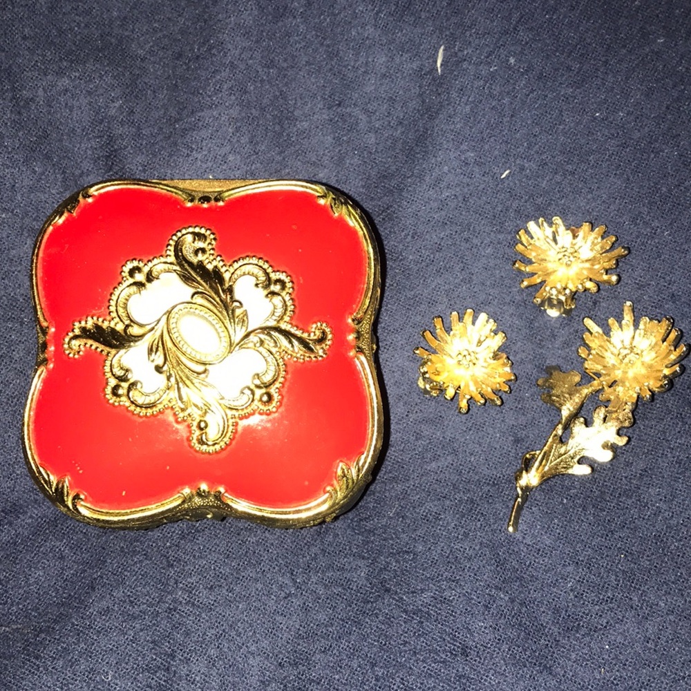 Earrings, Broach, & Jewelry Box (Costume Jewelry)